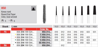 Edenta 850 - diamantové nástroje, dlhý kužeľ s oblým koncom - 5 ks