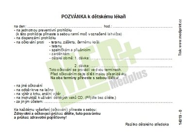 Pozvánka k dětskému lékaři, 100 ks v balení