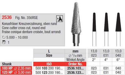 Edenta Lab 2536 - TC nástroje, Cone cutter cross cut, round end - 1 ks