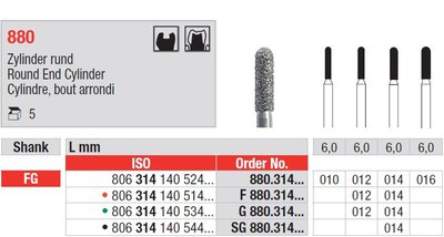 Edenta 880 - diamantové nástroje, oblý valec - 5 ks