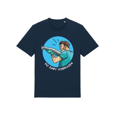 Tričko pánské krátký rukáv modré s potiskem "Po zuby ozbrojen" vel. M