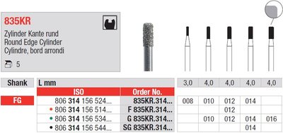 Edenta 835KR - diamantové nástroje, extra krátky valec s oblým okrajom - 5 ks