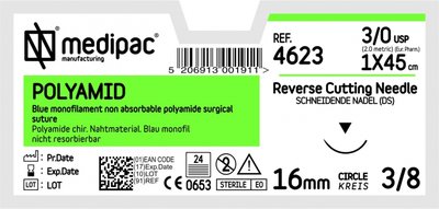 MEDIPAC Polyamid - USP 3/0, EP 2.0, jehla řezná 3/8 - jehla 26 mm, délka 45 cm