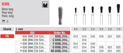 Edenta 830L - diamantové nástroje, dlhá hruška - 5 ks