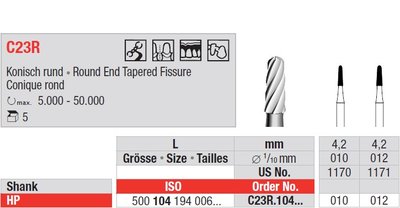 Edenta Lab C23R - TC nástroje, Round End Tapered Fissure - 5 ks