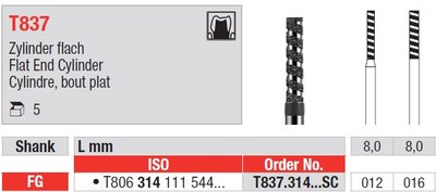 Edenta T837 - turbo diamantové nástroje, dlhý valec s plochým koncom - 5 ks