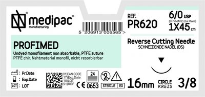 MEDIPAC Profimed (PTFE) - USP 6/0, EP 0.7, jehla řezná 3/8 - jehla 12 mm, délka 45 cm