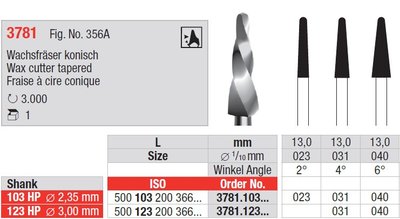 Edenta Lab 3781 - TC nástroje, Wax cutter tapered - 1 ks
