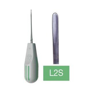 Luksator prosty wąski 2mm L2S z koszykiem Fixus1 Directa jasnoszara rękojeść z ciemnozielonym oznaczeniem