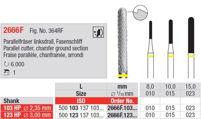 Edenta Lab 2666F - TC nástroje, Parallel cutter, chamfer ground section - 1 ks