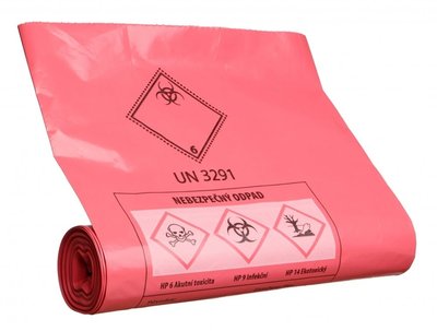 Pytel na nebezpečný odpad LDPE 50 x 60 cm 30 l T100, červený s potiskem, 25 ks