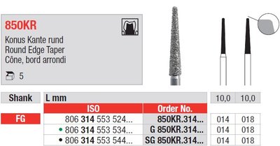 Edenta 850KR - diamantové nástroje, ostrý dlhý kužeľ s oblým koncom - 5 ks