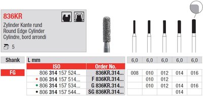 Edenta 836KR - diamantové nástroje, krátky valec s oblým okrajom - 5 ks