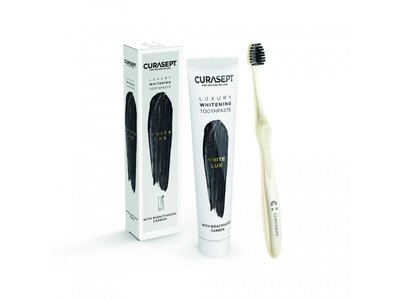 CURASEPT Luxury White, bioaktivní uhlí, bělící zubní pasta 75 ml + zubní kartáček