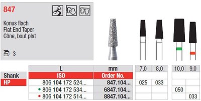 Edenta Lab 847 - Flat End Taper, diamantové nástroje - 3 ks