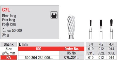 Edenta C7L - karbidové vrtáky, dlhá hruška - 5 ks