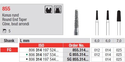Edenta 855 - diamantové nástroje, tenký krátky kužeľ s oblým koncom - 5 ks