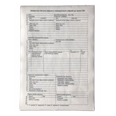 Ohlašovací list pro přepravu nebezpečného odpadu, složka