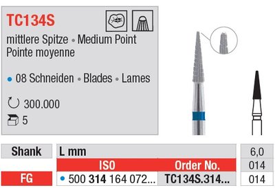 Edenta TC134S - dokončovací karbidový nástroj S, stredný špic - 5 ks