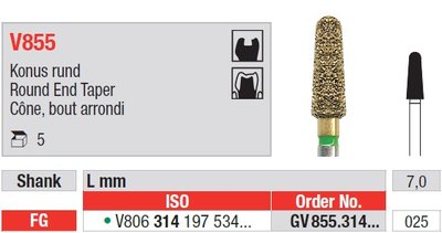 Edenta V855 - DiaCut diamantový nástroj, krátky kužeľ s oblým koncom - 5 ks