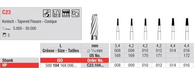 Edenta Lab C23 - TC nástroje, Tapered Fissure - 5 ks