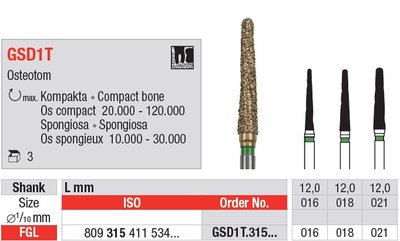 Edenta GSD1T - chirurgické diamantové nástroje, Osteotom - 3 ks