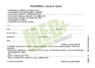 Pozvánka k lékaři, 100 ks v balení