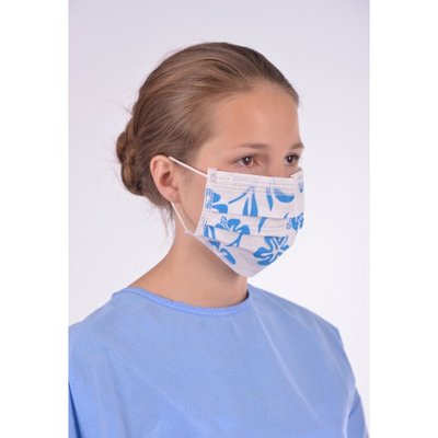 Chirurgická obličejová maska 3 vrstvé ústenky s gumičkou - modré květy, 50 ks
