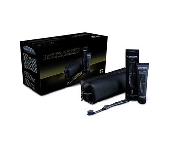 CURASEPT Luxury Black, bioaktivní uhlí, bělící zubní pasta 75 ml + zubní kartáček + cestovní taštička