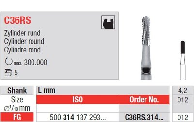 Edenta C36RS - karbidový vrták, zaoblený valec - 5 ks