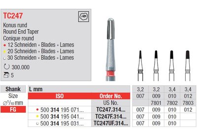 Edenta TC247 - dokončovacie karbidové nástroje, zúžený kužeľ s oblým koncom - 5 ks