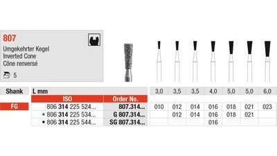 Diamanten 807 - Packung 5 Stück grün grob, FG, Figur 225 umgekehrter Kegel, 3,5 mm, ISO 014
