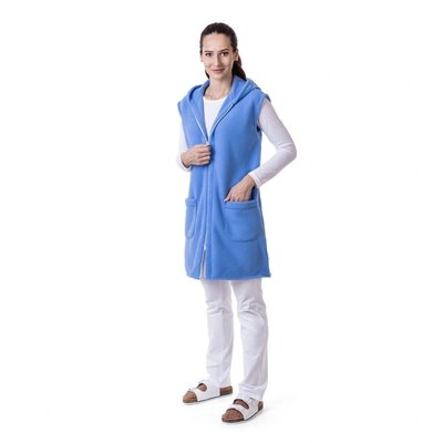 Fleecová vesta Míša, dlouhá, světle modrá s kapucí, dvě kapsy - 4XL