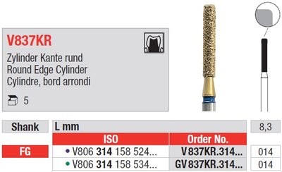 Edenta V837KR - DiaCut diamantové nástroje, dlhý valec s oblým okrajom - 5 ks