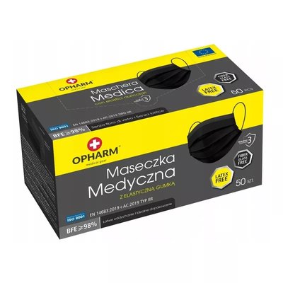 Maski medyczne jednorazowe z gumką Czarna OPHARM 50szt