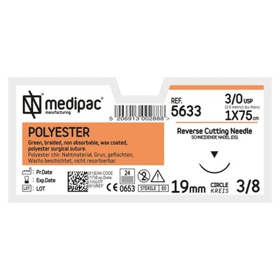 MEDIPAC Polyester - USP 3/0, EP 2.0, jehla řezná 3/8 - jehla 19 mm, délka 75 cm