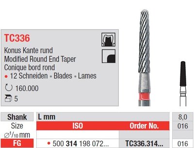 Edenta TC336 - dokončovací karbidový nástroj, modifikovaný dlhý kužeľ s oblým koncom - 5 ks