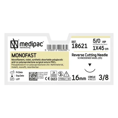 MEDIPAC Monofast - USP 5/0, EP 1.0, jehla řezná 3/8 - jehla 19 mm, 45 cm
