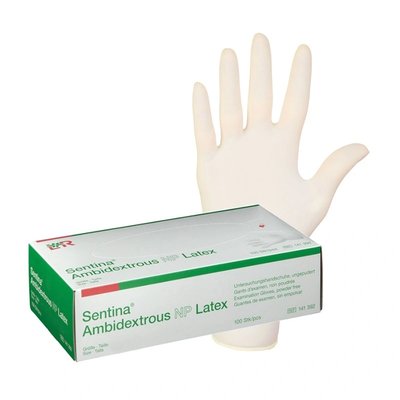 Vyšetřovací rukavice Sentina Ambidextrous, latex, nepudrované, bílé, 100 ks - XS