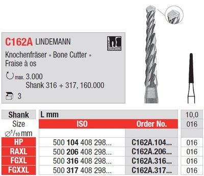 Edenta C162A - chirurgické karbidové nástroje, Lindemann bone cutter - 3 ks