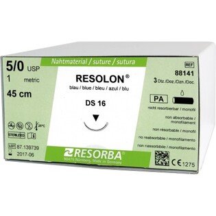 Resolon 5/0 45cm igła 16mm 3/8 koła odwrotnie tnąca ((DS16) 36szt/opak. szew niewchłanialny niebieski