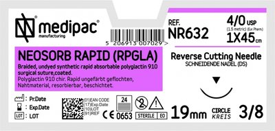 MEDIPAC Neosorb Rapid RPGLA - USP 4/0, EP 1.5, jehla řezná 3/8 - jehla 19 mm, délka 75 cm