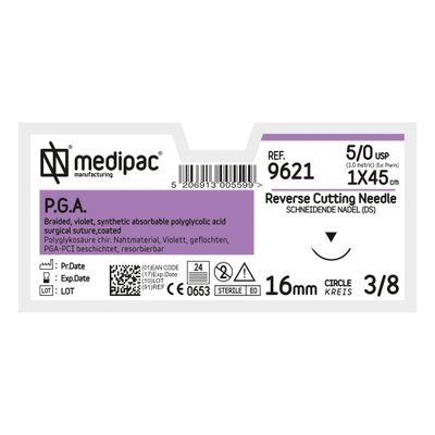 MEDIPAC P.G.A. - USP 5/0, EP 1.0, jehla řezná 3/8 - jehla 16 mm, délka 45 cm