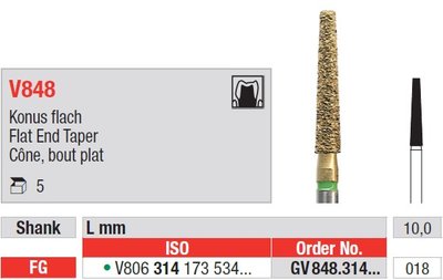 Edenta V848 - DiaCut diamantový nástroj, dlhý kužeľ s plochým koncom - 5 ks