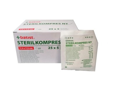 STERIL kompres NT 7,5 x 7,5 cm, 4 vrstvy, sterilní – 25 x 5 ks