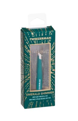 Tweezerman Mini SLANT pinzeta ve smaragdově zelené se zlatým pouzdrem