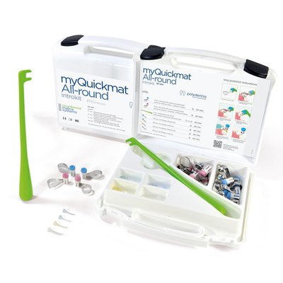 myQuickmat All-round Introkit - Balení 2 ks API (autoklávovateľný nástroj na umiestnenie pre Quickmat All–round). 15 ks Quickmat všestranné obvodové zadné matrice. premolár – 0.03 mm / 5.5 mm. 15 ks Quickmat celoobvodové zadné matrice. molárne – 0.03 mm / 6.3 mm. 45 ks Medzizubné kliny The Wedge – rôzne