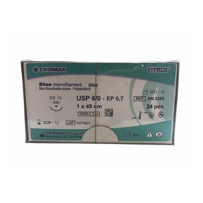 Silon monofil modrý 6/0 (EP0,7) 1 x 45 cm, DS12, 24 ks