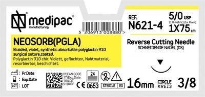 MEDIPAC Neosorb PGLA - USP 5/0, EP 1.0, jehla řezná 3/8 - jehla 19 mm, délka 45 cm