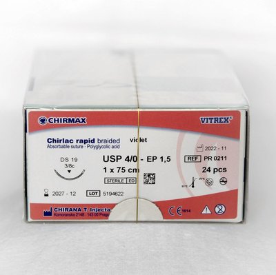 CHIRLAC rapid braided DS 19, 1,5 EP - 4/0 USP, 1 x 75 cm, 24 ks